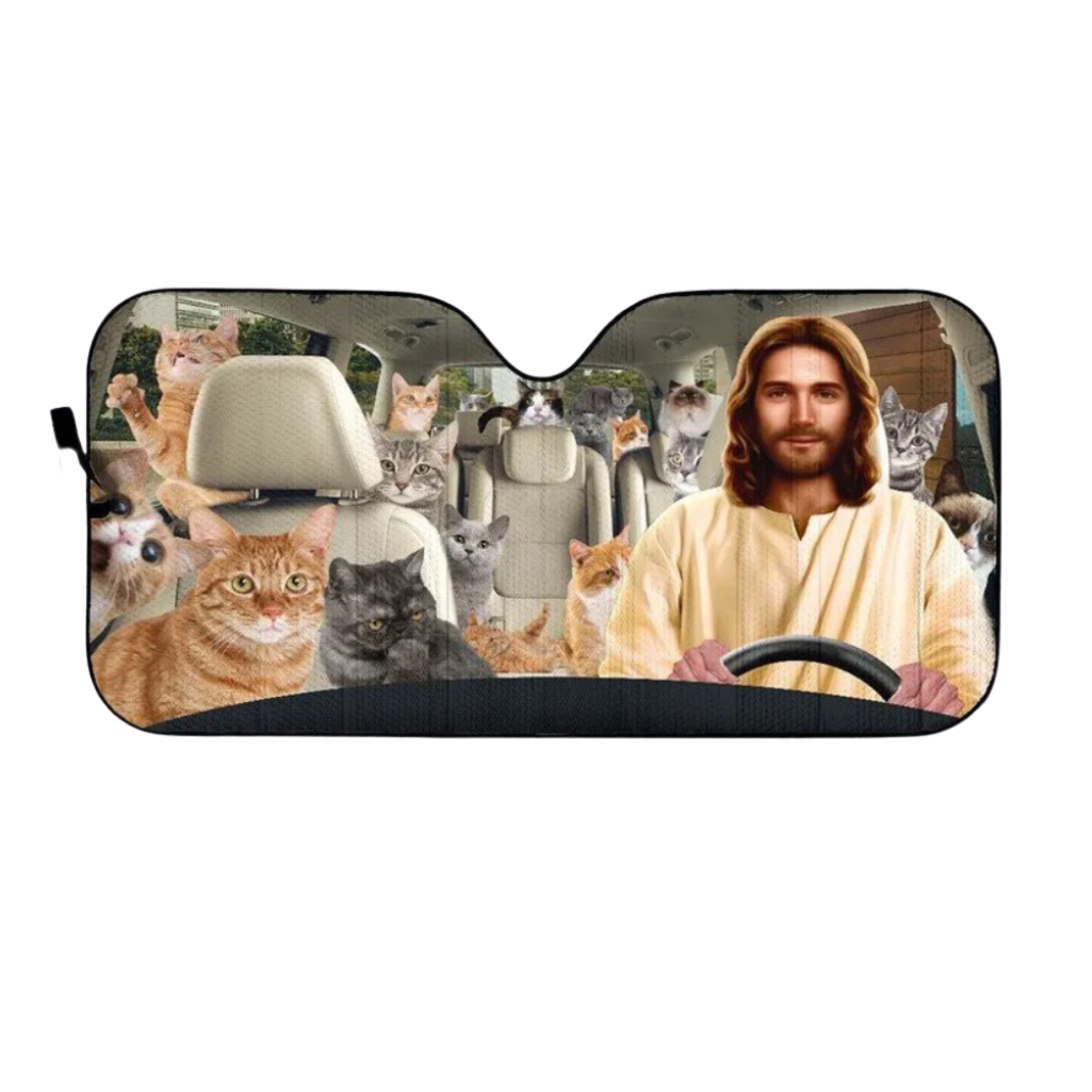 Parasol para automóvil con diseño de Jesús y gatos.