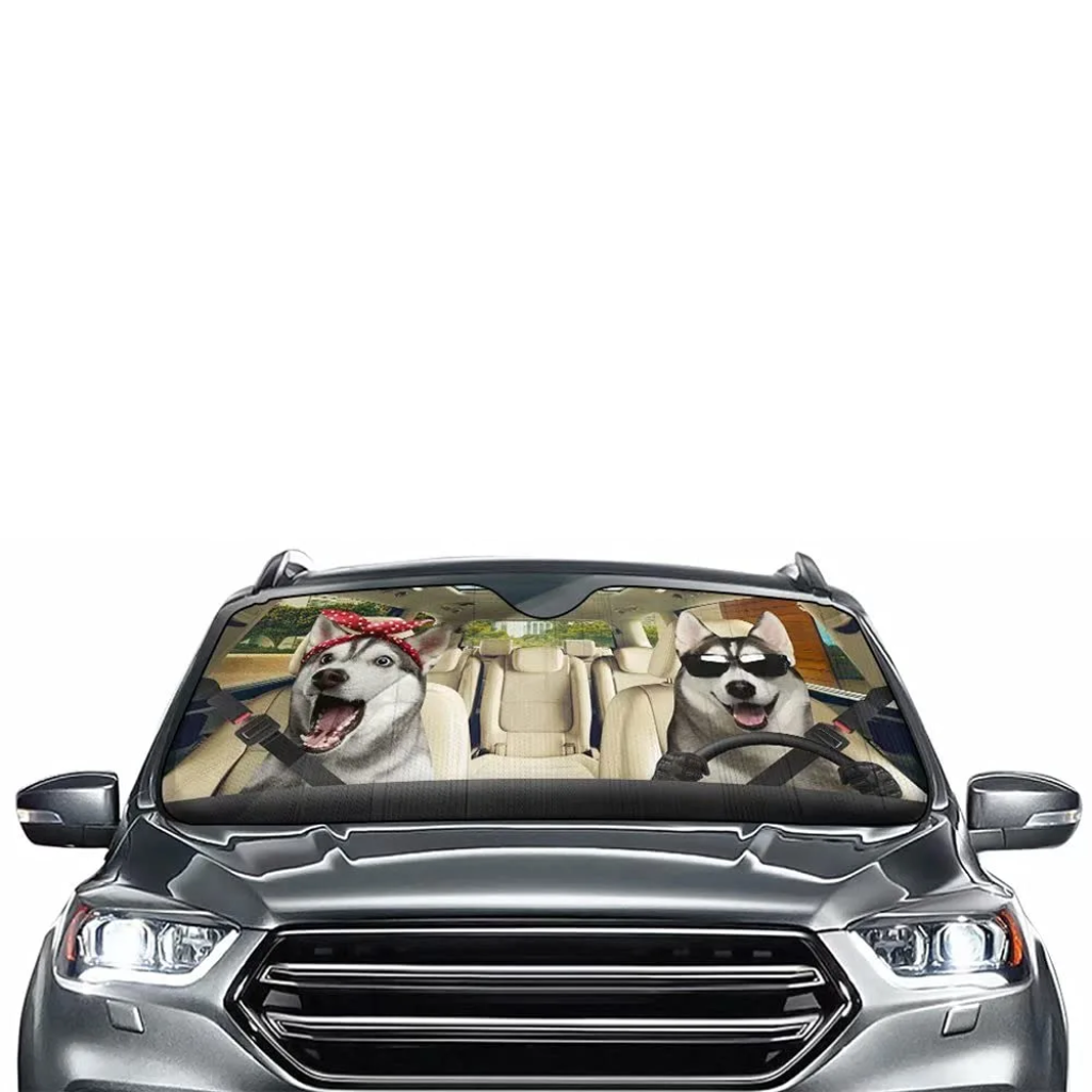 Quitasol Auto con diseño Husky couple.