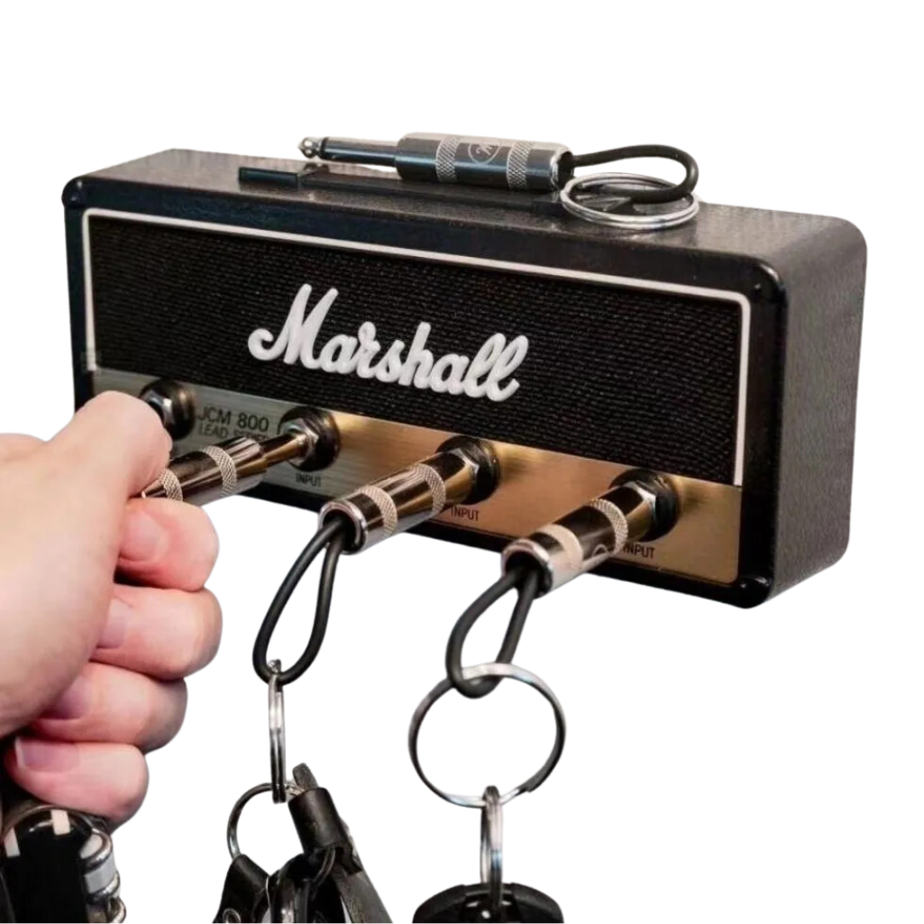 Soporte de llaves de pared con forma de parlante tipo Marshall con 4 Jack's de llavero.