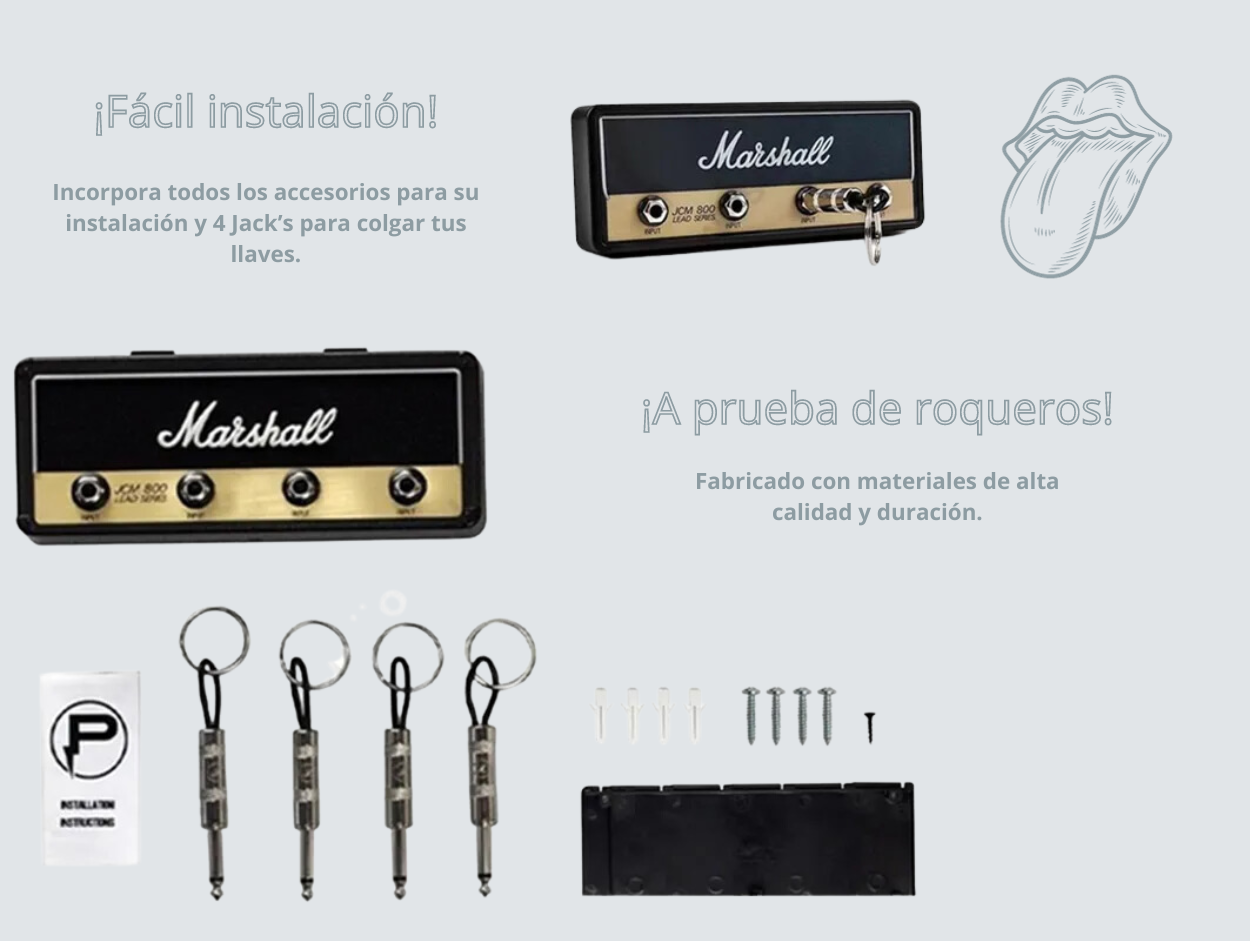 Soporte de llaves de pared con forma de parlante tipo Marshall con 4 Jack's de llavero.