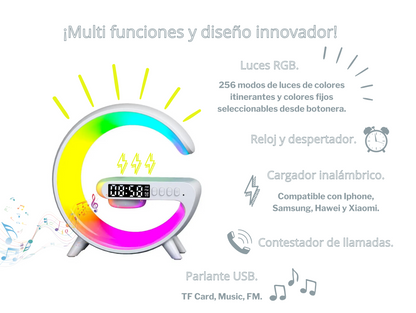 Smart cargador inalámbrico multifunción, parlante BT con altavoz, Luz LED RGB, TF, AUX.