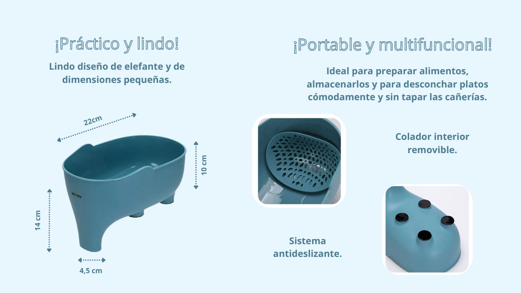 Colador multifuncional para cocina con diseño de elefante.